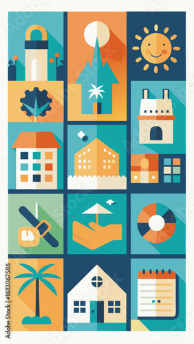 A colorful cityscape with a palm tree and a boat. The image is meant to convey a sense of relaxation and leisure