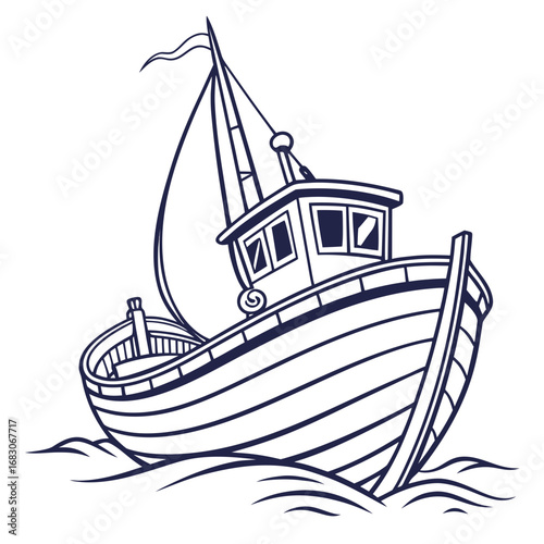 Illustration of a fishing boat on the sea, , perfect for travel, tourism, vacation, holiday, summer, spring, autumn, winter, season, weather, sky, cloud, sun