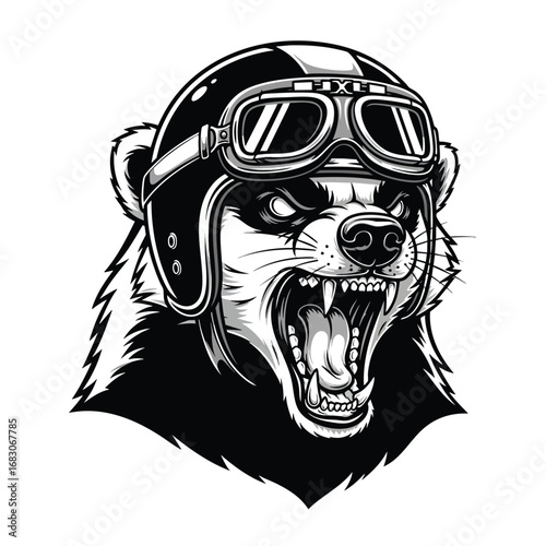 Monochrome illustration of a fierce badger head wearing a vintage motorcycle helmet and goggles.