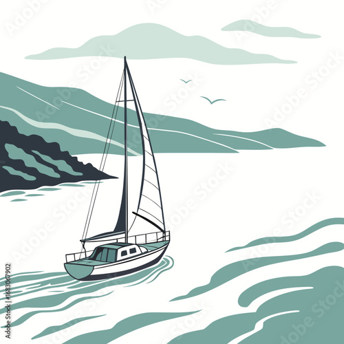 Illustration of a sailboat sailing on the sea near mountains, a peaceful scene with clouds, birds, and waves, perfect for travel and vacation themes