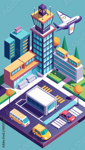 A cityscape with a large airport building and an airplane flying over it. Concept of travel and adventure, as well as the hustle and bustle of a busy city