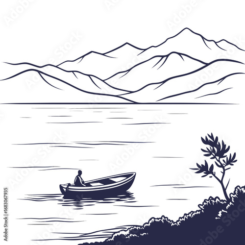 Illustration of a serene lake landscape with a boat and mountains, ideal for travel brochures, nature themed designs, or promoting outdoor recreational activities