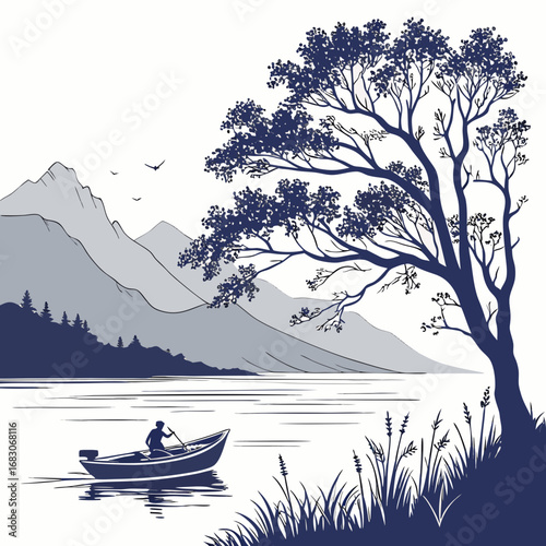 Illustration of a tranquil lake scene with a boat, mountains, and a tree, perfect for travel brochures, nature themed designs, or promoting outdoor recreational activities