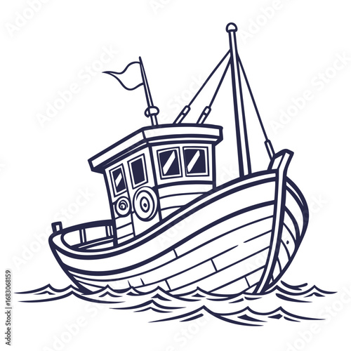Vector art of a blue line drawing of a fishing boat on the water, capturing its nautical design and maritime elements, ideal for travel and adventure themed designs