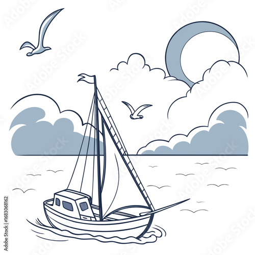 Vector art of a blue line drawing of a sailing boat on the water with birds and clouds, capturing its nautical design and maritime elements, ideal for travel designs