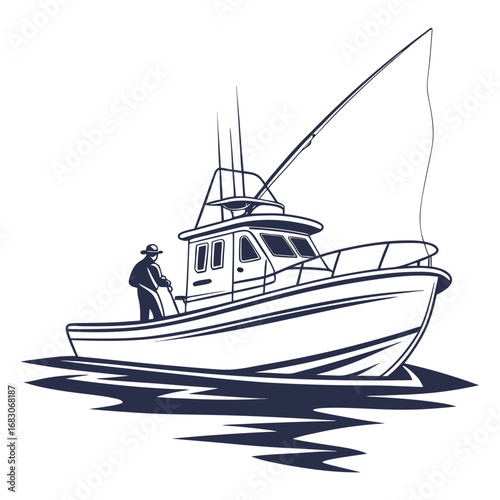 Vector art of a captivating illustration of a fisherman on a boat, casting his line into the sea, embodying the spirit of angling and the thrill of the catch