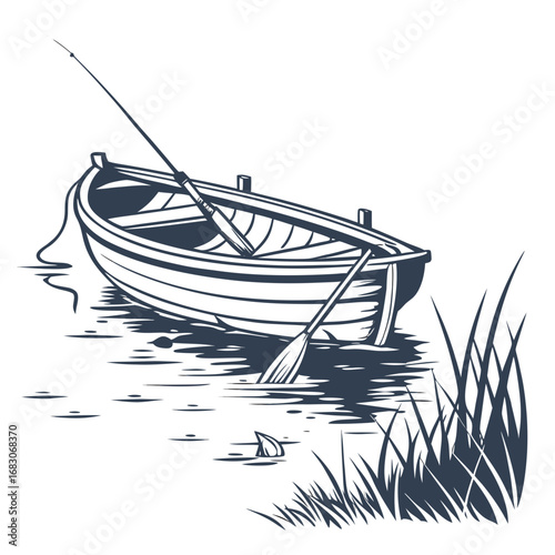 Vector art of a serene monochrome illustration of a small fishing boat on a calm lake, complete with a fishing pole and paddle, , evoking a sense of tranquility and peacefulness