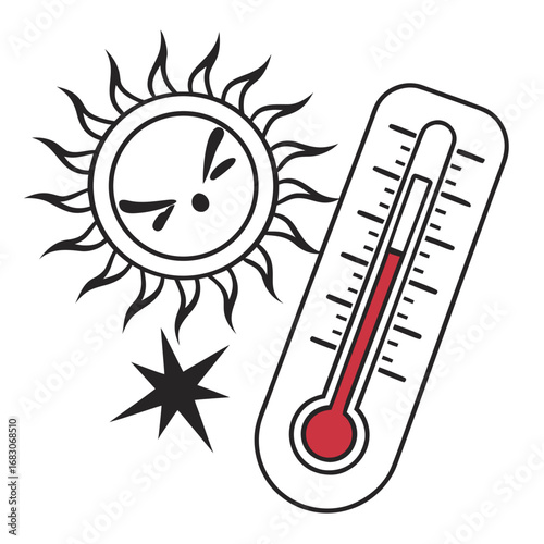 Vector art of cartoon illustration of an angry sun with a thermometer indicating high temperature, a visual representation of extreme heat and discomfort