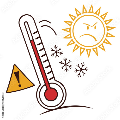 Vector art of cartoon illustration of an angry sun with a thermometer indicating low temperature, a visual representation of extreme cold and danger