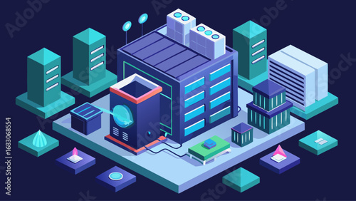 A cityscape with tall buildings and a large building with a large green roof. The buildings are all different sizes and shapes, and there are many windows. The sky is dark blue