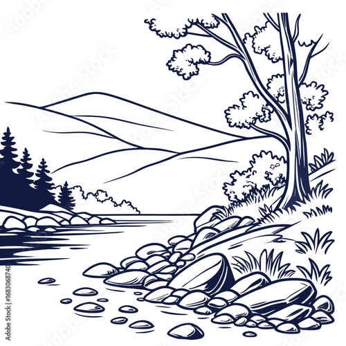 Vector art of scenic river landscape with stones and trees, featuring mountains in the background, perfect for nature lovers and outdoor enthusiasts