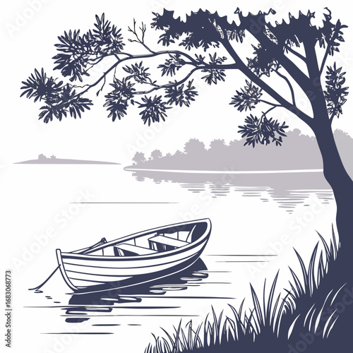 Vector art of serene monochrome illustration of a rowboat on a tranquil lake, surrounded by trees and nature, perfect for peaceful and relaxing themed designs