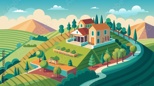 A house is on a hill with a green landscape. The house is surrounded by trees and has a garden. The sky is blue and there are clouds in the background