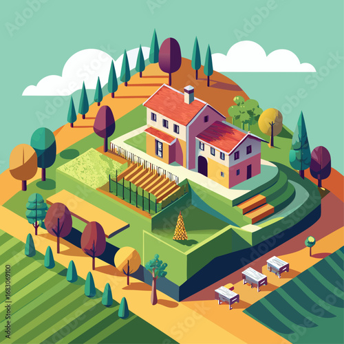 A house is on a hill with a green landscape. The house is surrounded by trees and has a garden. The sky is blue and there are clouds in the background
