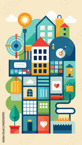 A colorful cityscape with a clock, a house, a building, a car, a backpack, a suitcase, a fire hydrant, a fire truck, a stop sign, a traffic light, a tree, and a person