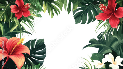 Vibrant tropical floral border with lush greenery and copy space for design