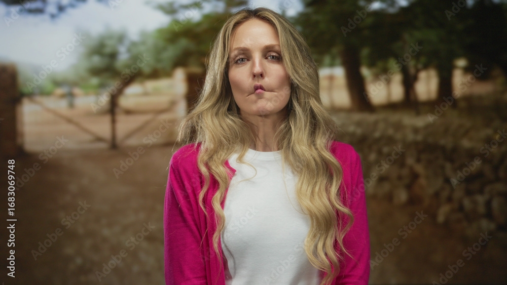 Naklejka premium Woman outdoors in a park making a fish face surrounded by green trees wearing a pink sweater and white shirt on a sunny day bringing a playful and lively atmosphere.