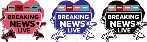 Three cartoon breaking news live broadcast icons with microphone