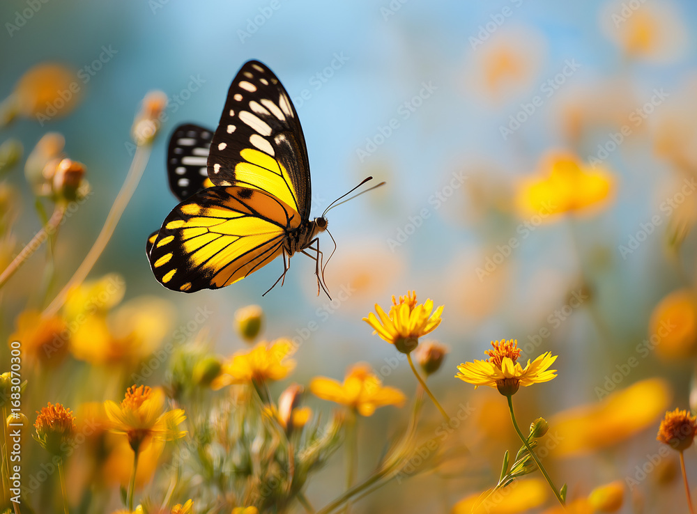 Fototapeta premium A vibrant photograph of an yellow and black butterfly flying,