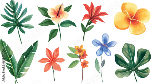 Vibrant watercolor collection of tropical flowers and lush green leaves on a white background