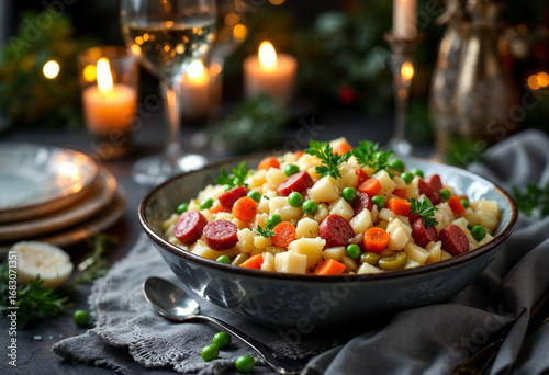 Festive potato salad with sausage peas and carrots at dinner