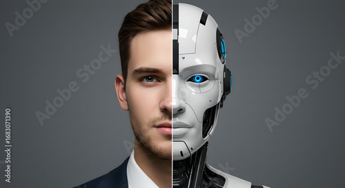 Half face of a man and half of a robot on gray background. Artificial intelligence integration with human brain futuristic concept.