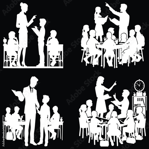 Illustration of teachers and students interacting in classroom settings showing various teaching moments and learning activities with students and educators engaged in education
