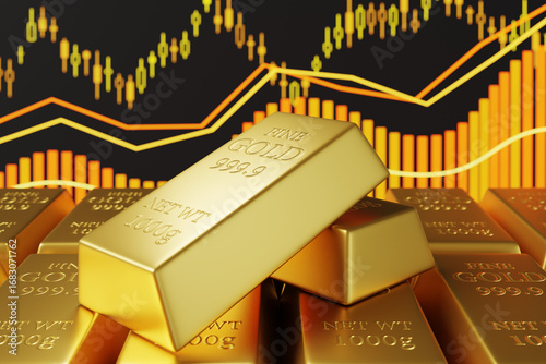Stack of gold bars in front of an analytical bar chart, line graphs and a candlestick diagram. Illustration of the concept of forecasting gold price and trend
