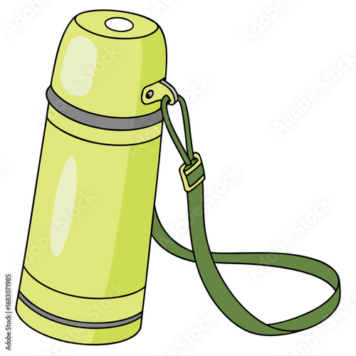 A glossy green cylindrical thermos with a rounded top, small circular opening, and an adjustable green strap with a buckle for carrying.