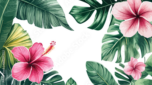 Vibrant watercolor tropical floral arrangement with lush green leaves and pink hibiscus flowers