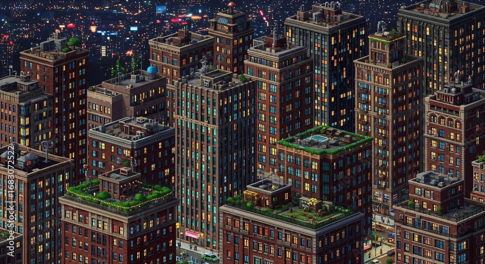 Obraz premium An intricate pixel art illustration of a dense, bustling city at night with illuminated skyscrapers and rooftop gardens.