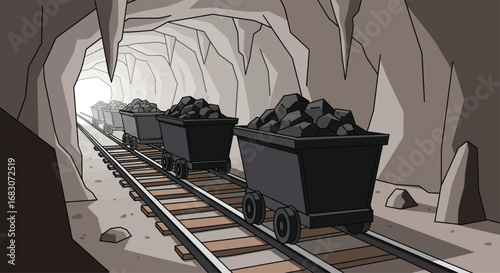Flat vector illustration of mining carts filled with coal running on rail tracks in a cave environment