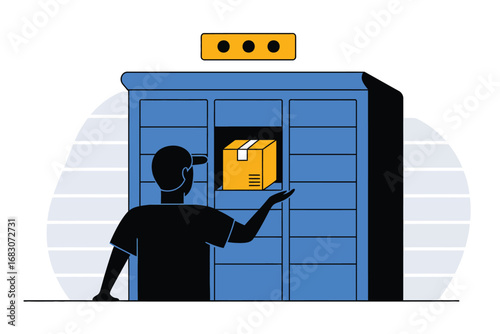 Man reaching for a package in a blue locker with a yellow code panel above the blue locker system