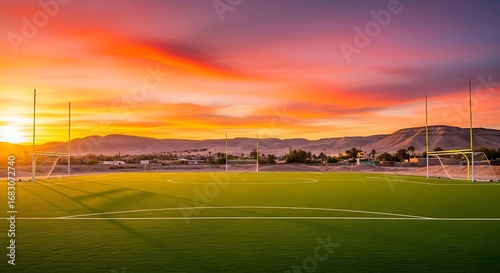 green field in american football stadium. ready for game in the midfield