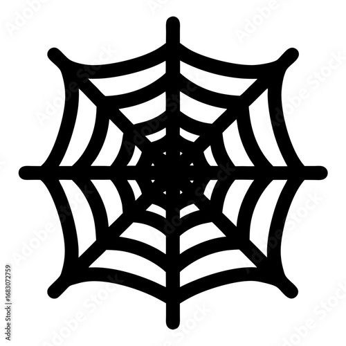 Bold black spiderweb illustration with symmetrical and geometric design, isolated on white