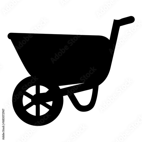 Simple black silhouette of a wheelbarrow with a wheel on a white backdrop