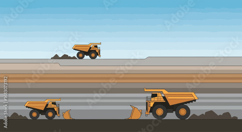 Minimalist 2D flat vector background of heavy mining trucks transporting rocks in an open-pit mine