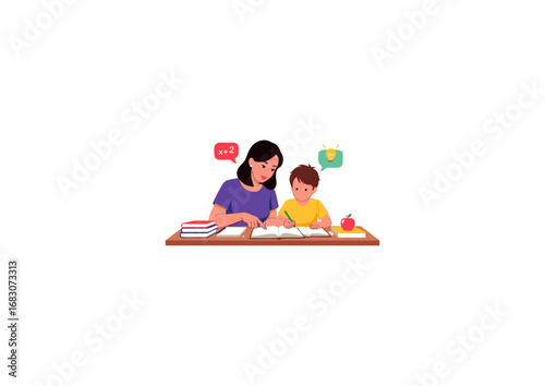 icon of mother helping her child with homework