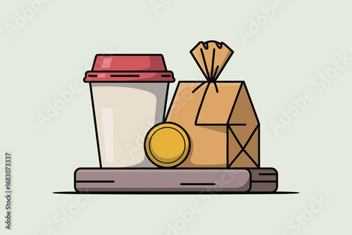 Illustration of a coffee cup with a red lid a coin and a brown paper bag on a gray surface