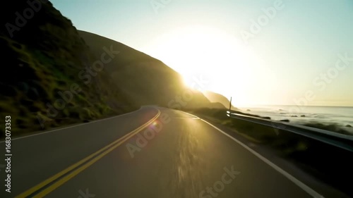 Coastal road trip adventure with a car driving towards the sunset with stunning scenery