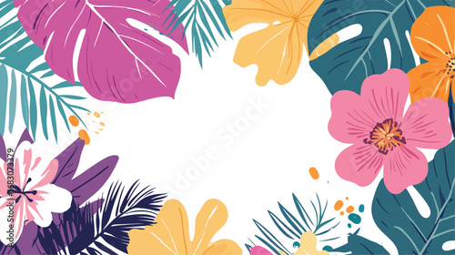 Vibrant tropical floral border with lush green leaves and copy space