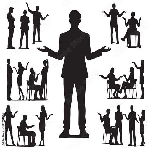 Silhouettes of People in Group Conversations and Explanatory Gestures Depicting Team Communication Discussion Teaching and Presentation Scenes in Seated and Standing Positions