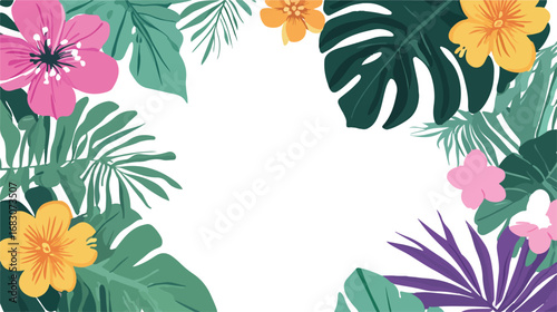 Vibrant tropical floral border with lush green leaves and exotic flowers on white background
