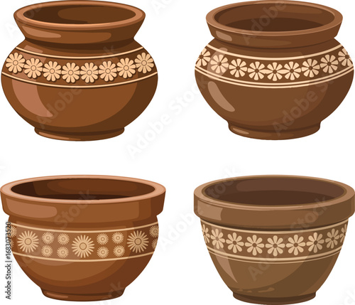 Empty earthenware clay pots, jars, and bowls isolated on a white background