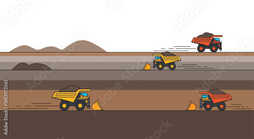 Minimalist 2D flat vector background of heavy mining trucks transporting rocks in an open-pit mine