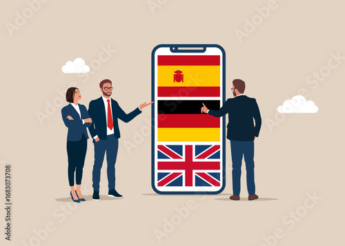 Businesspeople learning different languages. Online translator. People multi language communication. Linguist. Flat modern vector illustration. 