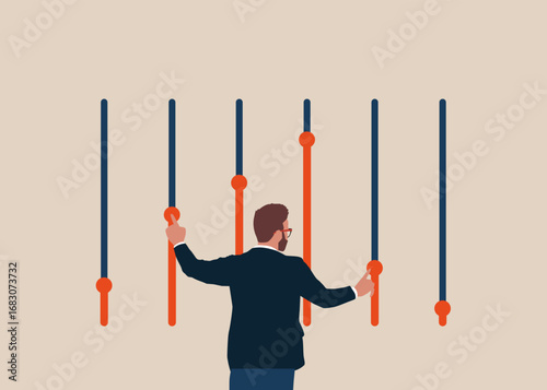 Businessman adjusts various parameters. User interface customization, programming. Flat modern vector illustration. 