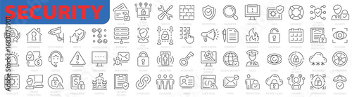 Security line icon set. Cyber security, guard, secured payment, encryption, safety, insurance, data protection, detector, sensor, locked, password, smart home and more. Vector illustration