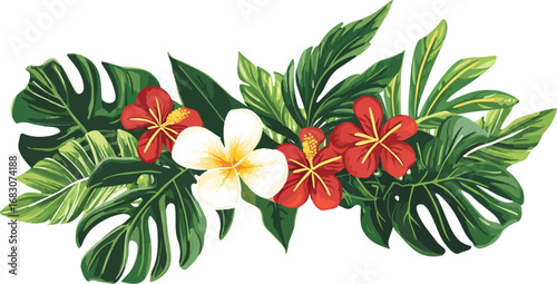 Vibrant tropical floral arrangement with lush green monstera leaves and exotic flowers