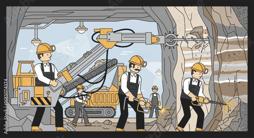 Flat vector design of miners using drills and machinery to extract minerals from underground rock walls
